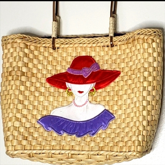 Handbags - Woven Seagrass Market Tote Red Hat Lady Applique Bag Produce Sustainable Purse
